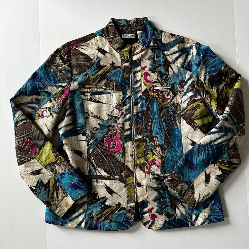 Chico’s Abstraxt Design Long Sleeve Colorful Zip Up Jacket Size 1